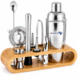 INNOTECH SC 10-Piece Bartender Kit with Bamboo Stand – Stainless Steel Cocktail Shaker Set with Recipe Book & Gift Box, Leak-Proof Bar Tools Set for Home Bar, Mixology Kit Gift for Men & Women