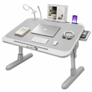 Innotech SC Adjustable Study Desk with LED Light, Mini Fan & USB Charging Port, Foldable Laptop Bed Desk with Drawer, 0–36° Tilt, Height Adjustable – Gray