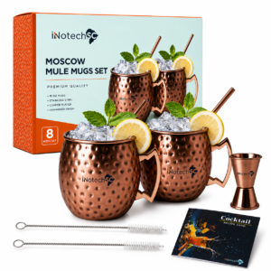 INNOTECH SC Moscow Mule Mugs Set of 2 – 16 oz Hammered Copper-Plated Stainless Steel Cups (Rose Gold) with Straws, Brushes, Jigger & Recipe Card – 8 Pc Cocktail Set
