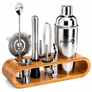 INNOTECH SC 10-Piece Bartender Kit with Bamboo Stand – Stainless Steel Cocktail Shaker Set with Recipe Book & Gift Box, Leak-Proof Bar Tools Set for Home Bar, Mixology Kit Gift for Men & Women