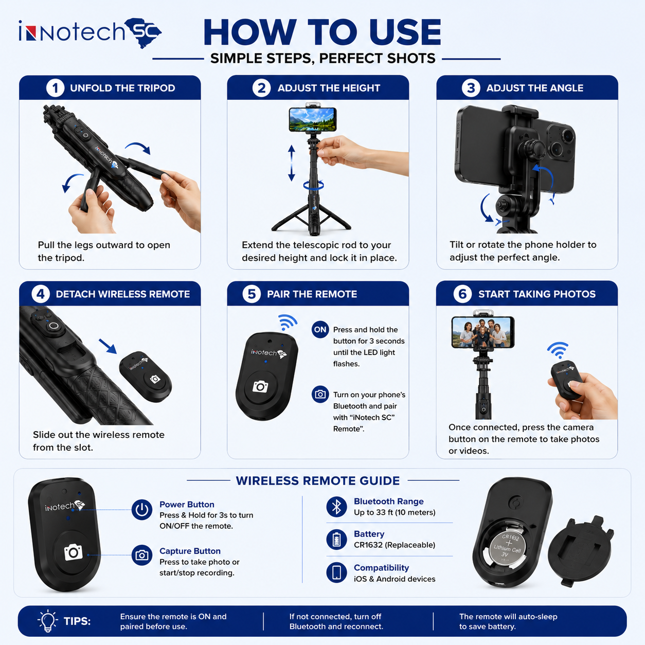 Innotech SC 42" Selfie Stick Tripod with Wireless Bluetooth Remote and Detachable LED Fill Light for Smartphones, 3-in-1 Extendable Selfie Stick, Tripod & Phone Stand-Black - Image 10