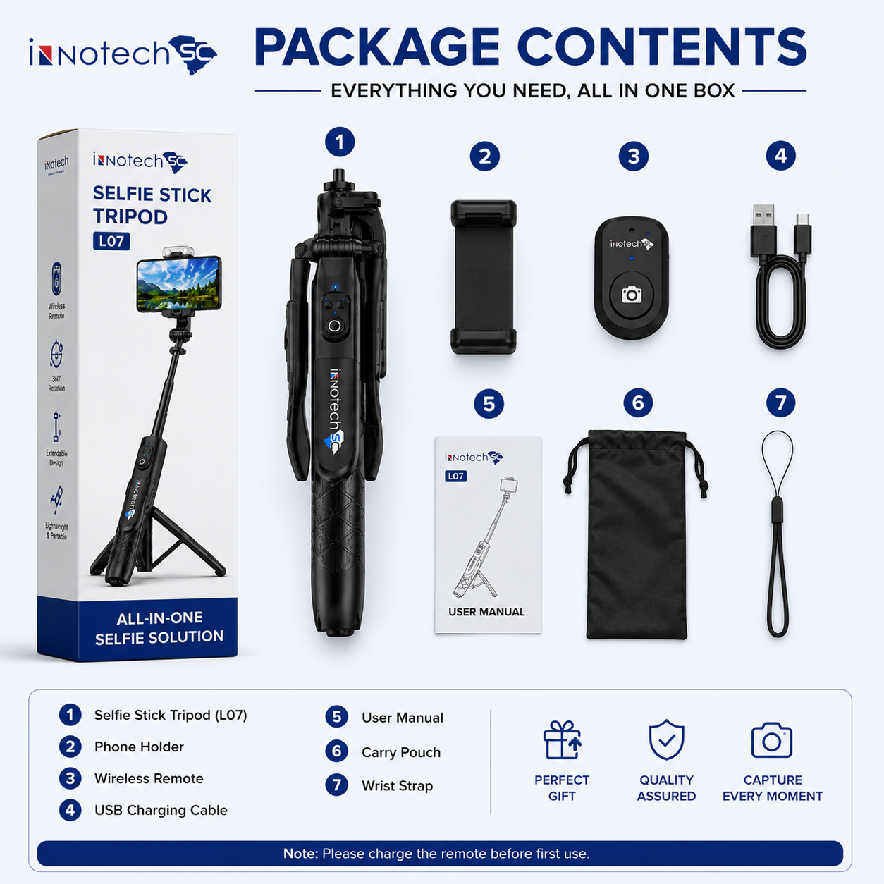 Innotech SC 42" Selfie Stick Tripod with Wireless Bluetooth Remote and Detachable LED Fill Light for Smartphones, 3-in-1 Extendable Selfie Stick, Tripod & Phone Stand-Black - Image 11
