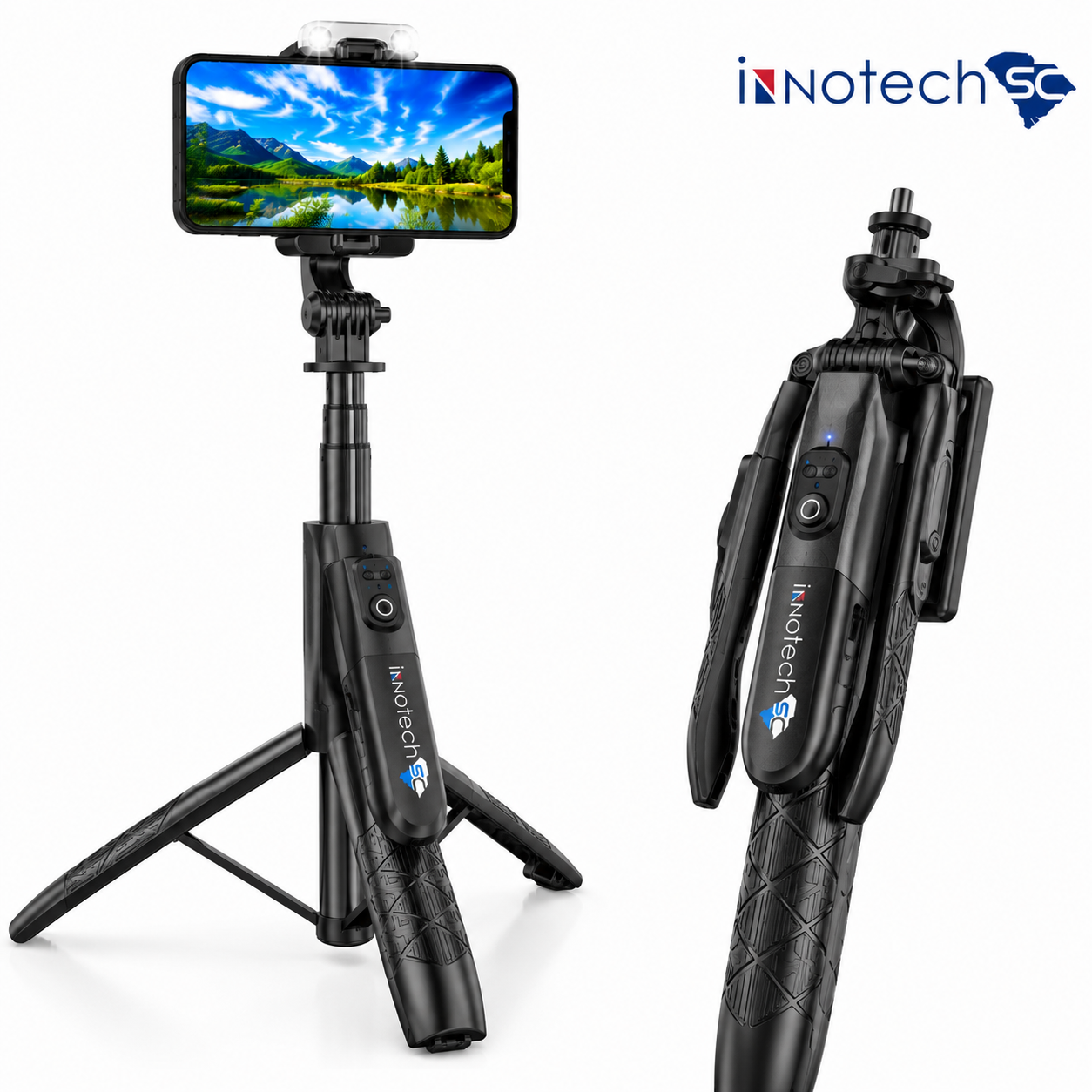Innotech SC 42" Selfie Stick Tripod with Wireless Bluetooth Remote and Detachable LED Fill Light for Smartphones, 3-in-1 Extendable Selfie Stick, Tripod & Phone Stand-Black - Image 2