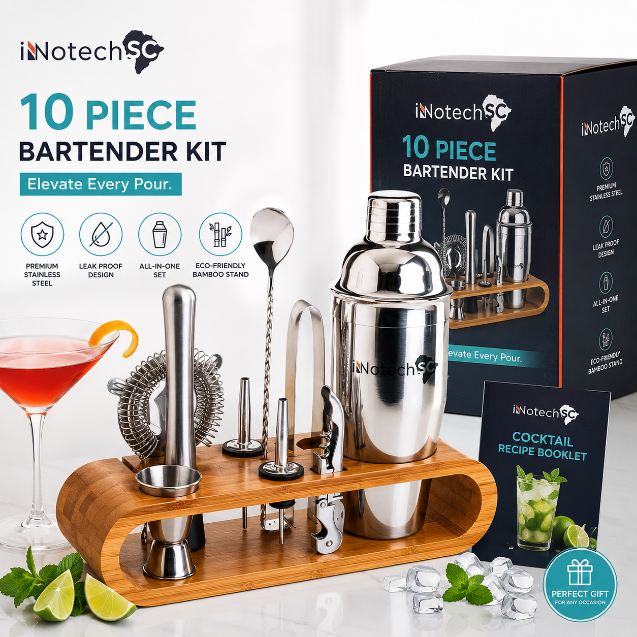 INNOTECH SC 10-Piece Bartender Kit with Bamboo Stand – Stainless Steel Cocktail Shaker Set with Recipe Book & Gift Box, Leak-Proof Bar Tools Set for Home Bar, Mixology Kit Gift for Men & Women - Image 2