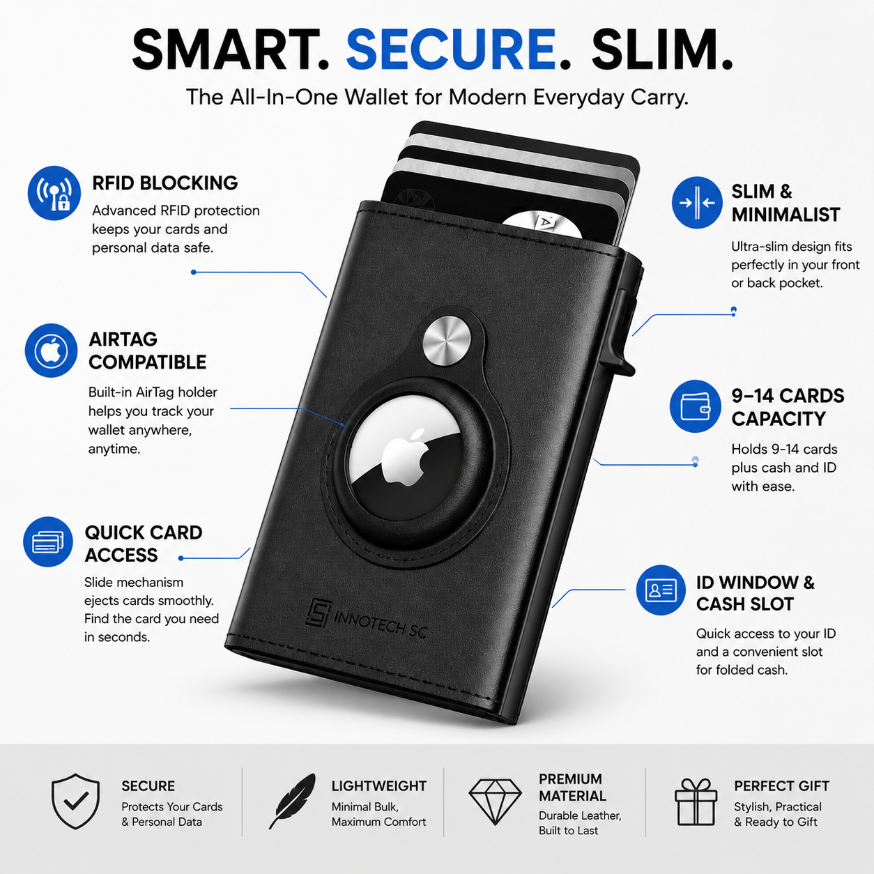 Mens Smart Wallet Card Holder for AirTag: Leather, Compatible with Apple Air Tag, RFID Blocking, Slim, Carbon Fiber, Minimalist - 9-14 Card Capacity | ID Window | Cash Slot - Image 3