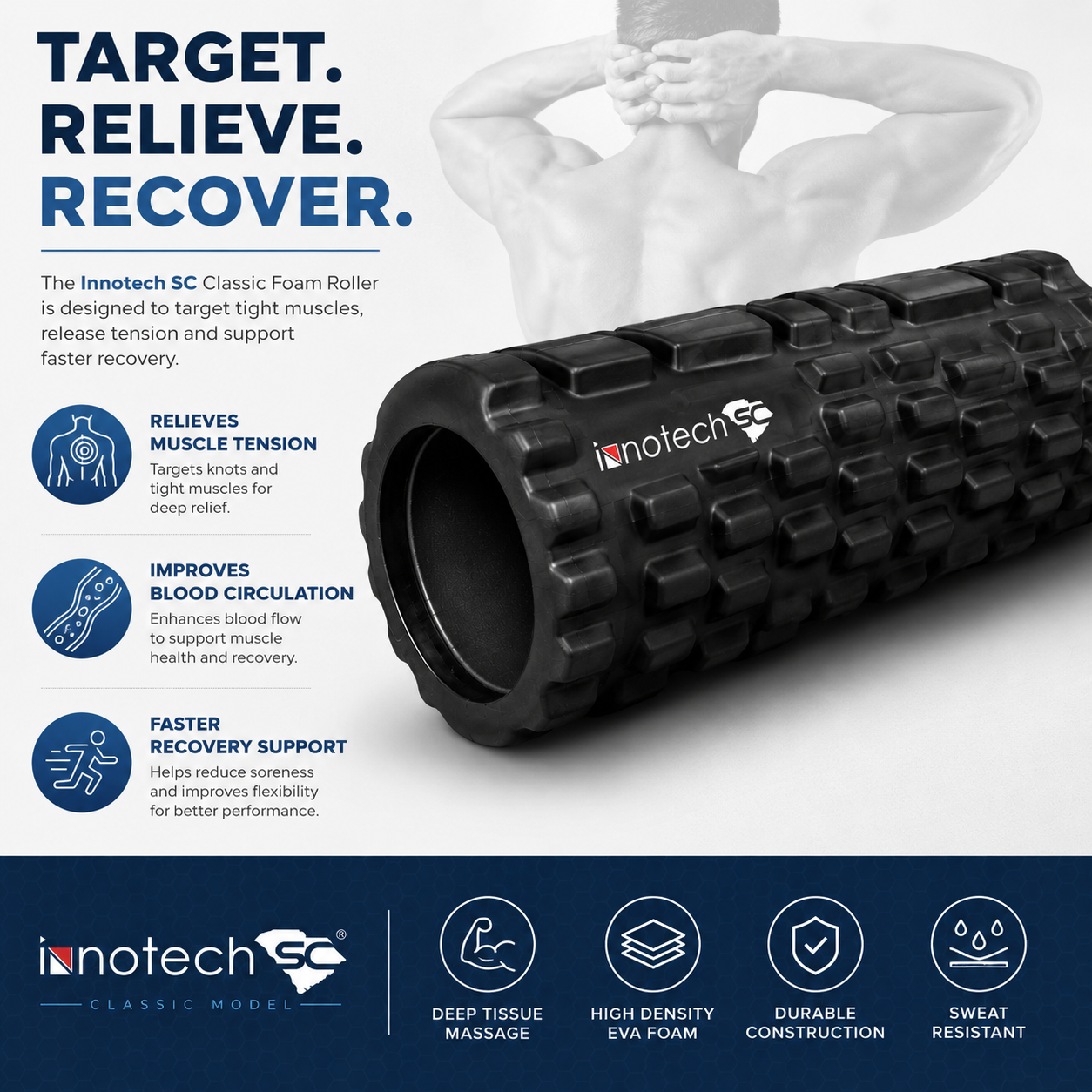 Innotech SC Classic Foam Roller for Deep Tissue Massage & Muscle Recovery, EVA Foam Roller for Yoga, Fitness, Physical Therapy, 13” x 5”, Textured Massage Roller- Black - Image 3