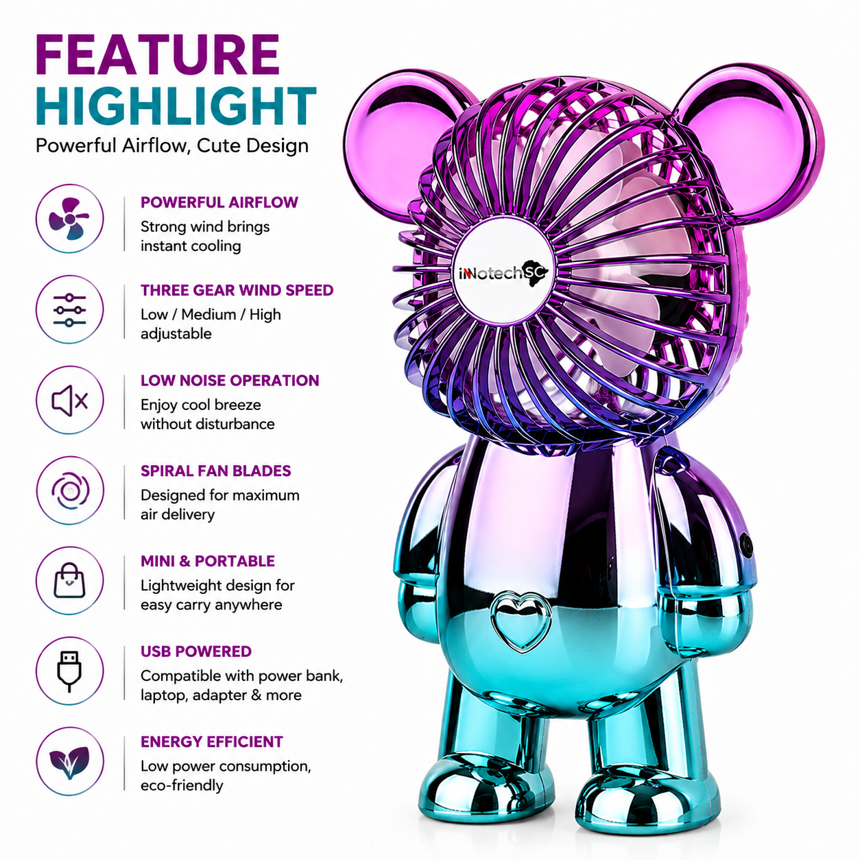 Innotech 3-Speed Adjustable Electroplating Cute Bear Desk Fan - Image 9