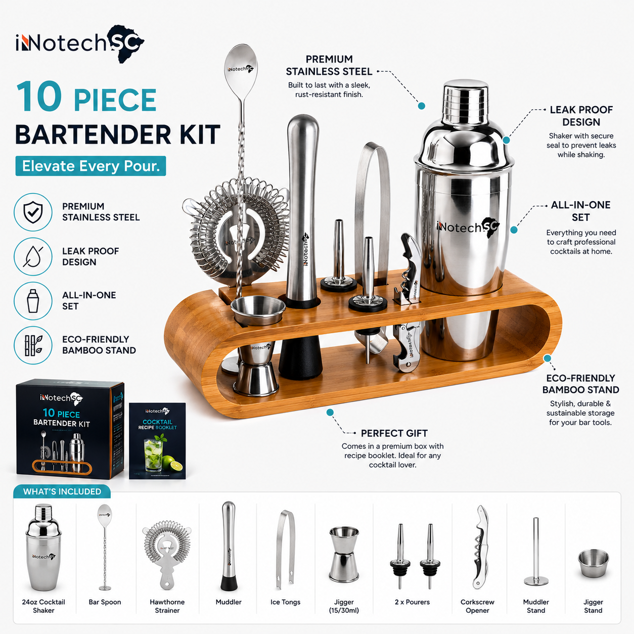INNOTECH SC 10-Piece Bartender Kit with Bamboo Stand – Stainless Steel Cocktail Shaker Set with Recipe Book & Gift Box, Leak-Proof Bar Tools Set for Home Bar, Mixology Kit Gift for Men & Women - Image 3