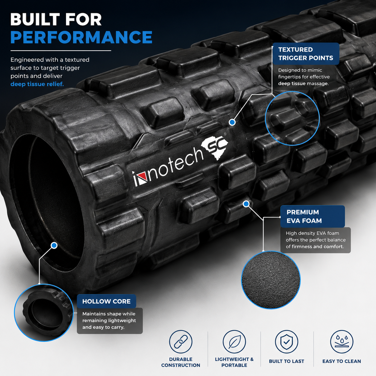 Innotech SC Classic Foam Roller for Deep Tissue Massage & Muscle Recovery, EVA Foam Roller for Yoga, Fitness, Physical Therapy, 13” x 5”, Textured Massage Roller- Black - Image 4