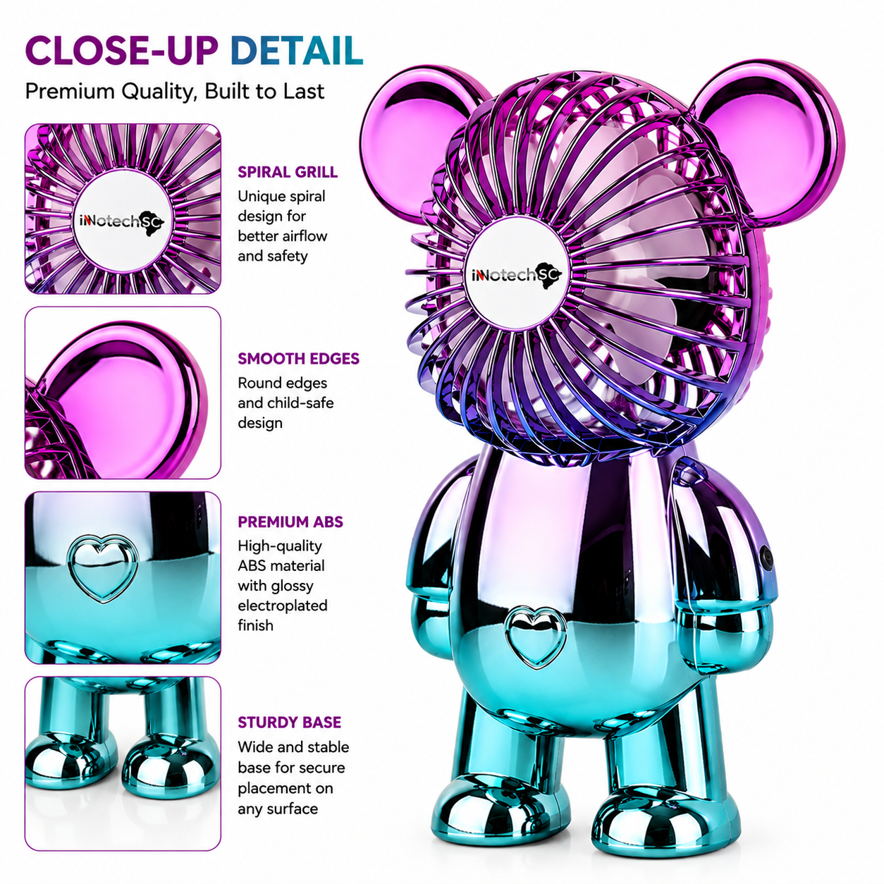 Innotech 3-Speed Adjustable Electroplating Cute Bear Desk Fan - Image 8