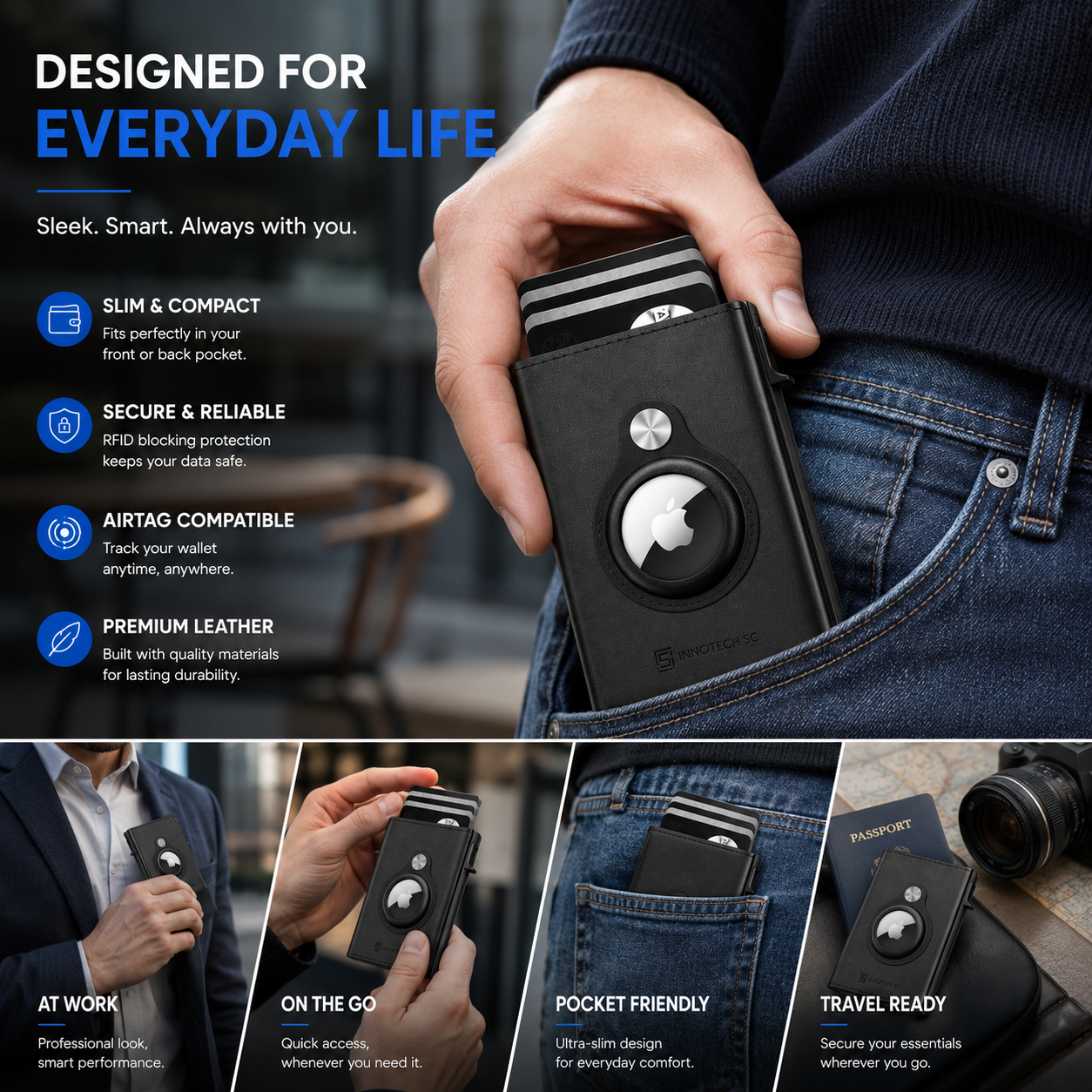 Mens Smart Wallet Card Holder for AirTag: Leather, Compatible with Apple Air Tag, RFID Blocking, Slim, Carbon Fiber, Minimalist - 9-14 Card Capacity | ID Window | Cash Slot - Image 5