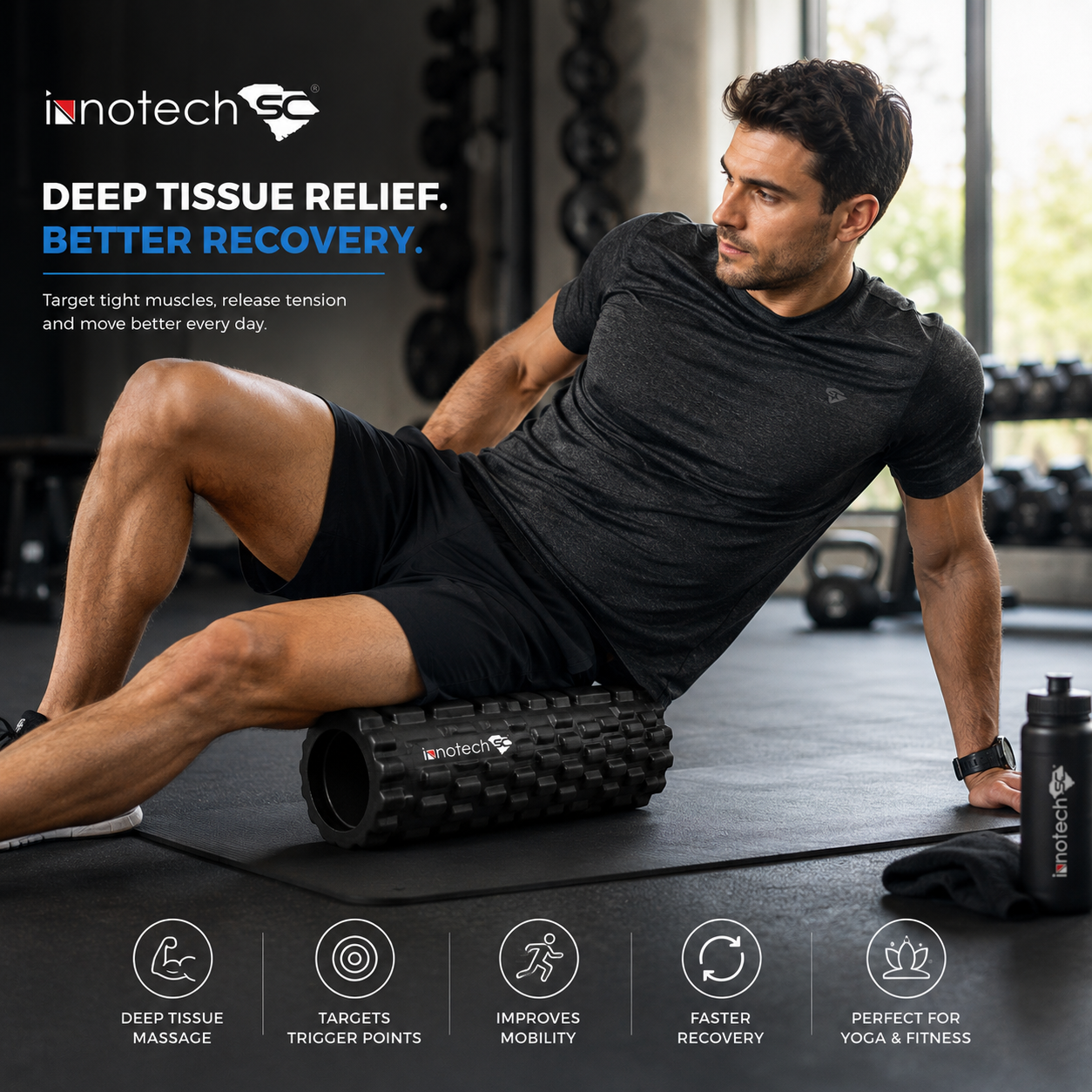 Innotech SC Classic Foam Roller for Deep Tissue Massage & Muscle Recovery, EVA Foam Roller for Yoga, Fitness, Physical Therapy, 13” x 5”, Textured Massage Roller- Black - Image 5