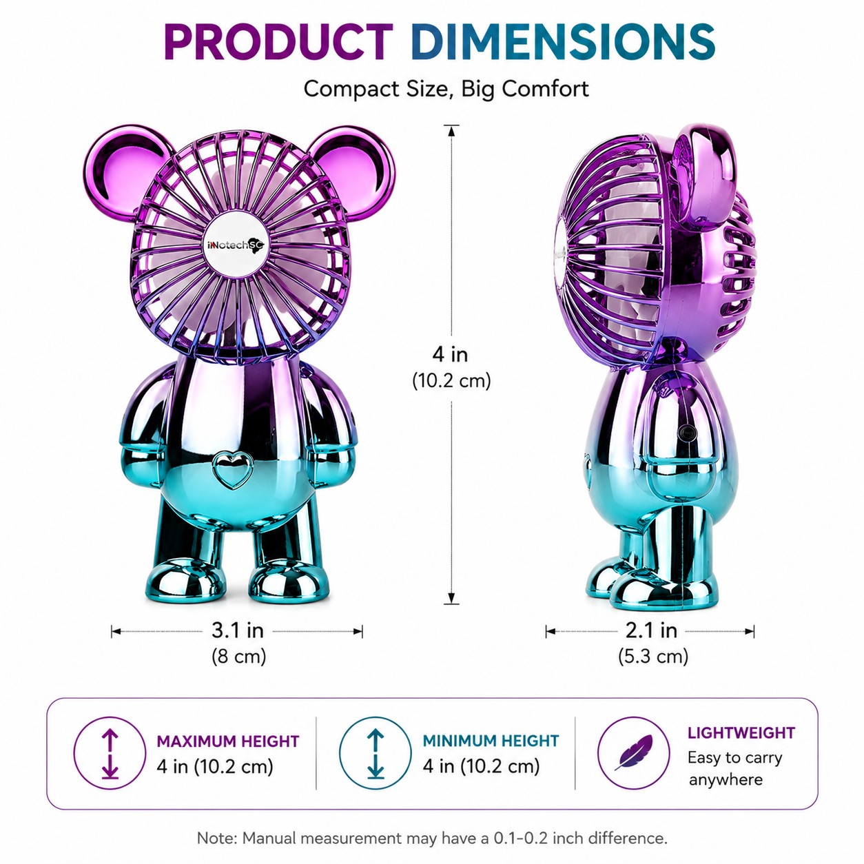 Innotech 3-Speed Adjustable Electroplating Cute Bear Desk Fan - Image 6