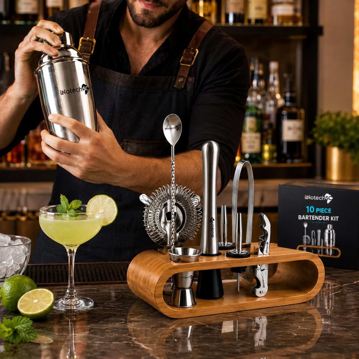 INNOTECH SC 10-Piece Bartender Kit with Bamboo Stand – Stainless Steel Cocktail Shaker Set with Recipe Book & Gift Box, Leak-Proof Bar Tools Set for Home Bar, Mixology Kit Gift for Men & Women - Image 6