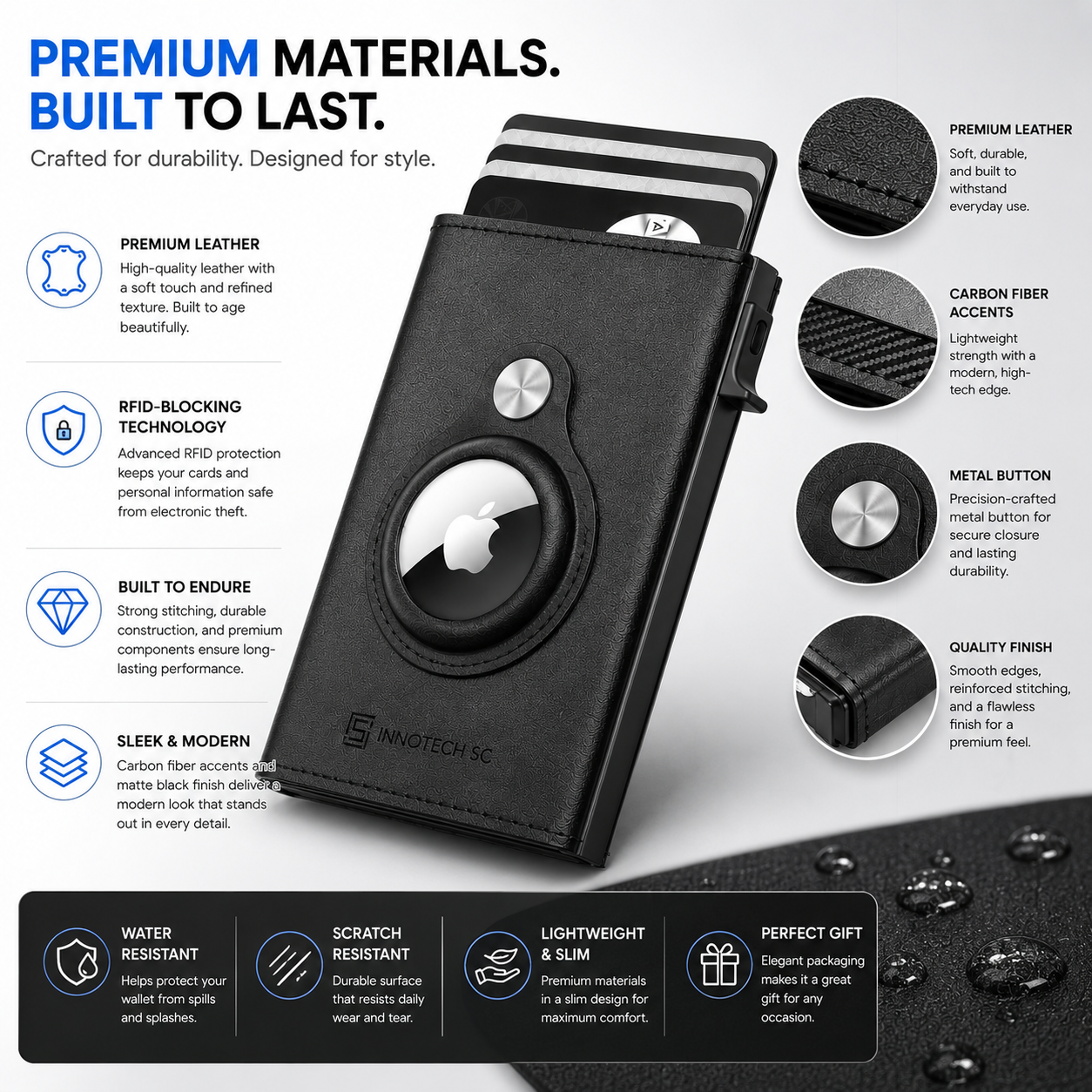 Mens Smart Wallet Card Holder for AirTag: Leather, Compatible with Apple Air Tag, RFID Blocking, Slim, Carbon Fiber, Minimalist - 9-14 Card Capacity | ID Window | Cash Slot - Image 7