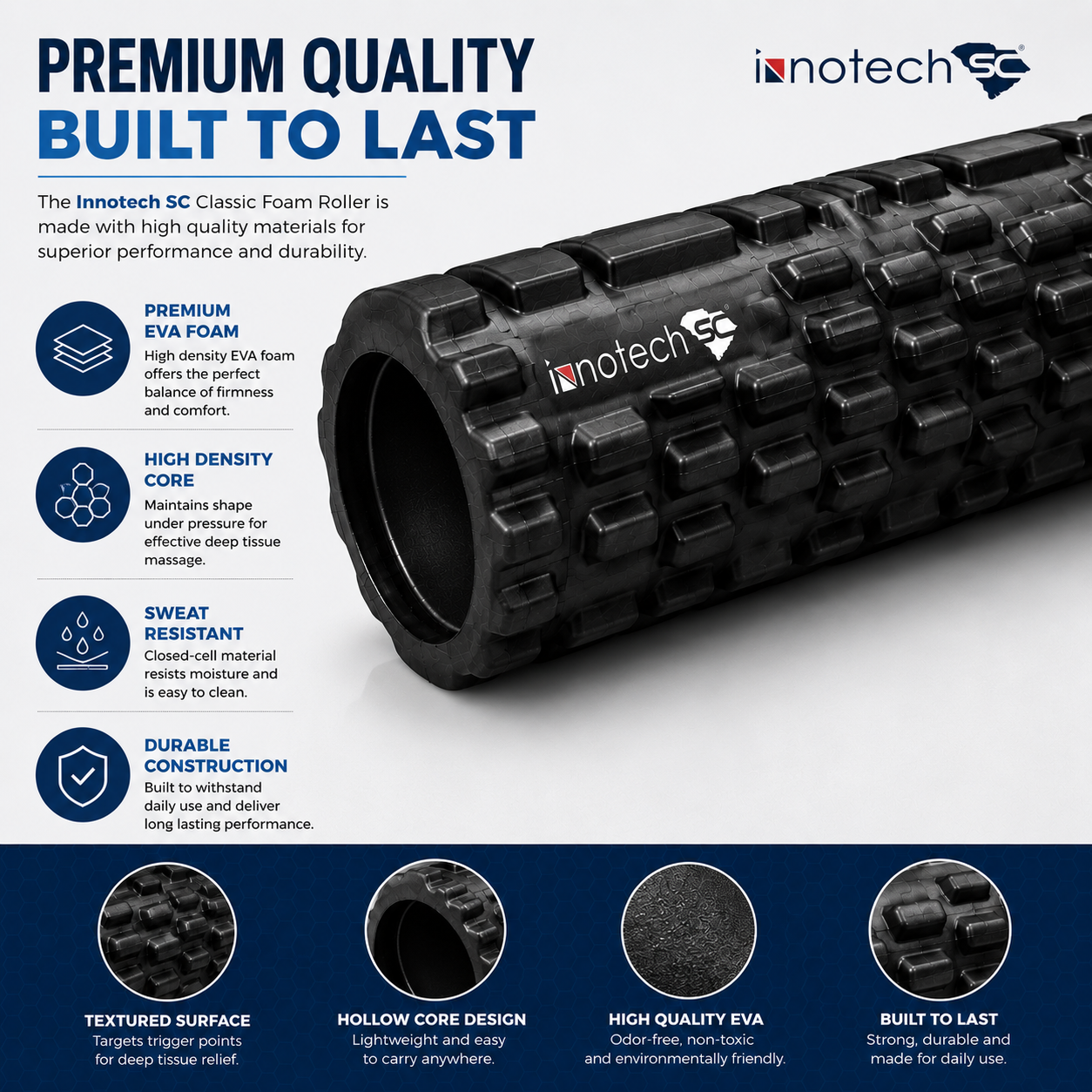 Innotech SC Classic Foam Roller for Deep Tissue Massage & Muscle Recovery, EVA Foam Roller for Yoga, Fitness, Physical Therapy, 13” x 5”, Textured Massage Roller- Black - Image 7