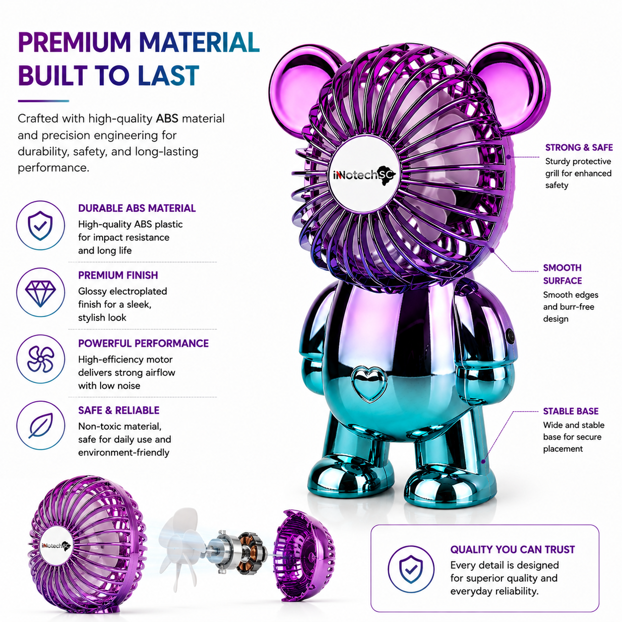 Innotech 3-Speed Adjustable Electroplating Cute Bear Desk Fan - Image 5
