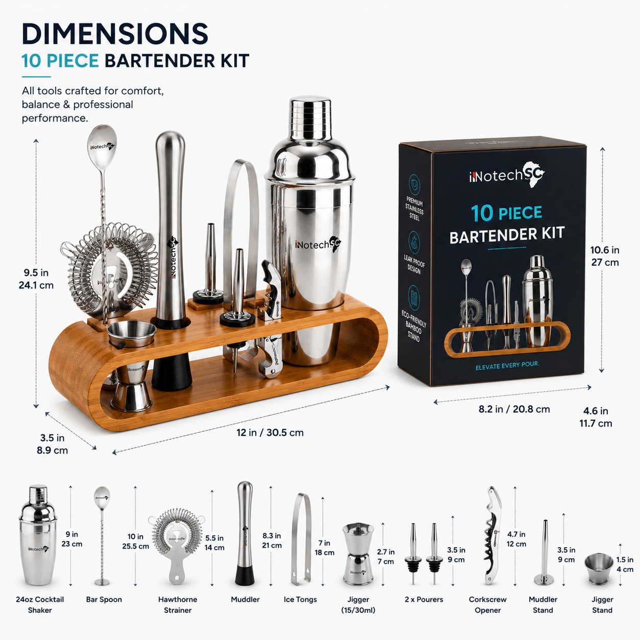 INNOTECH SC 10-Piece Bartender Kit with Bamboo Stand – Stainless Steel Cocktail Shaker Set with Recipe Book & Gift Box, Leak-Proof Bar Tools Set for Home Bar, Mixology Kit Gift for Men & Women - Image 7
