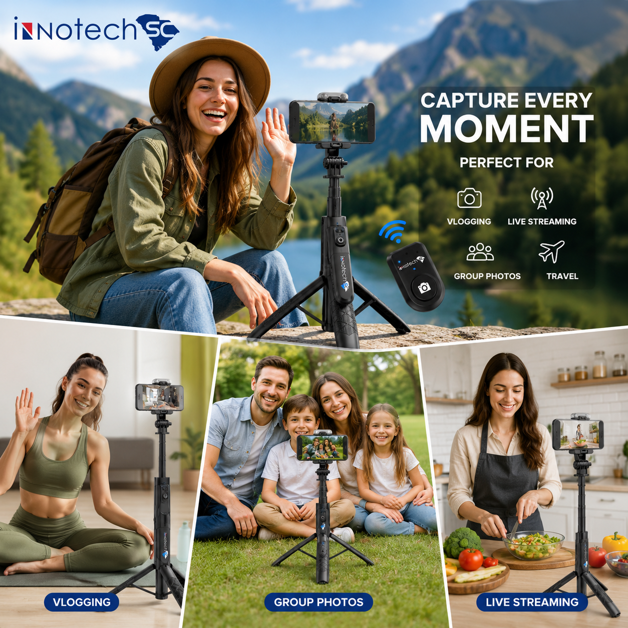 Innotech SC 42" Selfie Stick Tripod with Wireless Bluetooth Remote and Detachable LED Fill Light for Smartphones, 3-in-1 Extendable Selfie Stick, Tripod & Phone Stand-Black - Image 7