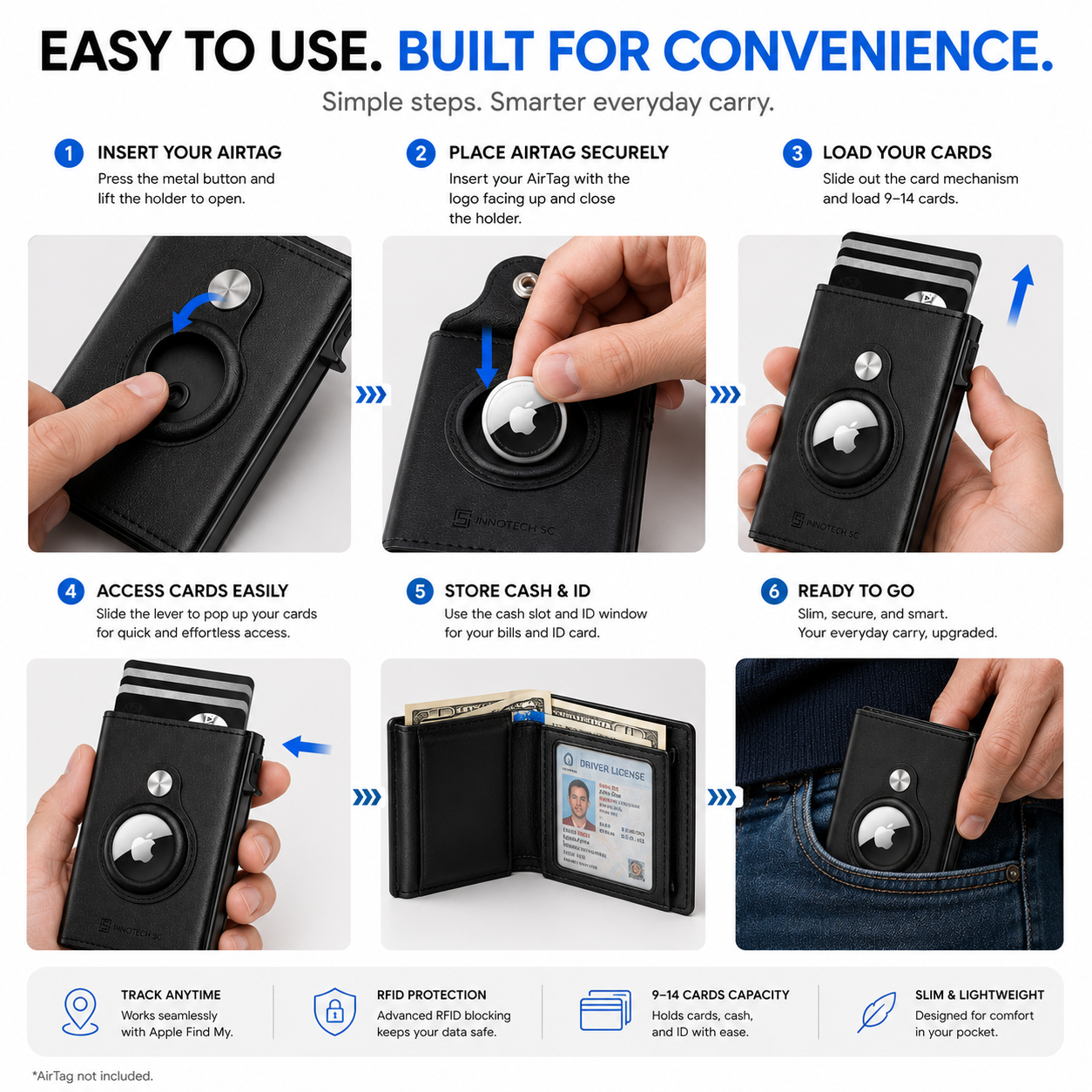 Mens Smart Wallet Card Holder for AirTag: Leather, Compatible with Apple Air Tag, RFID Blocking, Slim, Carbon Fiber, Minimalist - 9-14 Card Capacity | ID Window | Cash Slot - Image 8