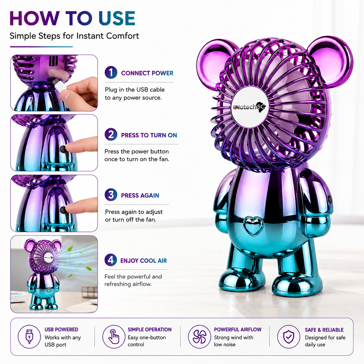 Innotech 3-Speed Adjustable Electroplating Cute Bear Desk Fan - Image 4