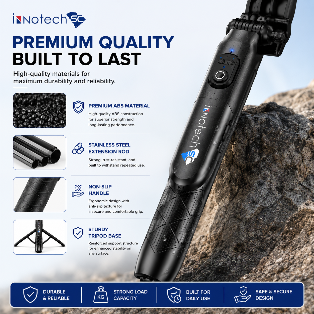 Innotech SC 42" Selfie Stick Tripod with Wireless Bluetooth Remote and Detachable LED Fill Light for Smartphones, 3-in-1 Extendable Selfie Stick, Tripod & Phone Stand-Black - Image 8