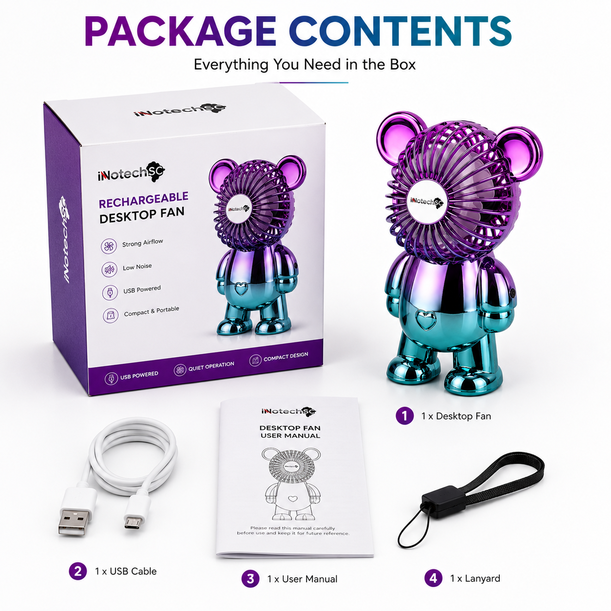 Innotech 3-Speed Adjustable Electroplating Cute Bear Desk Fan - Image 3
