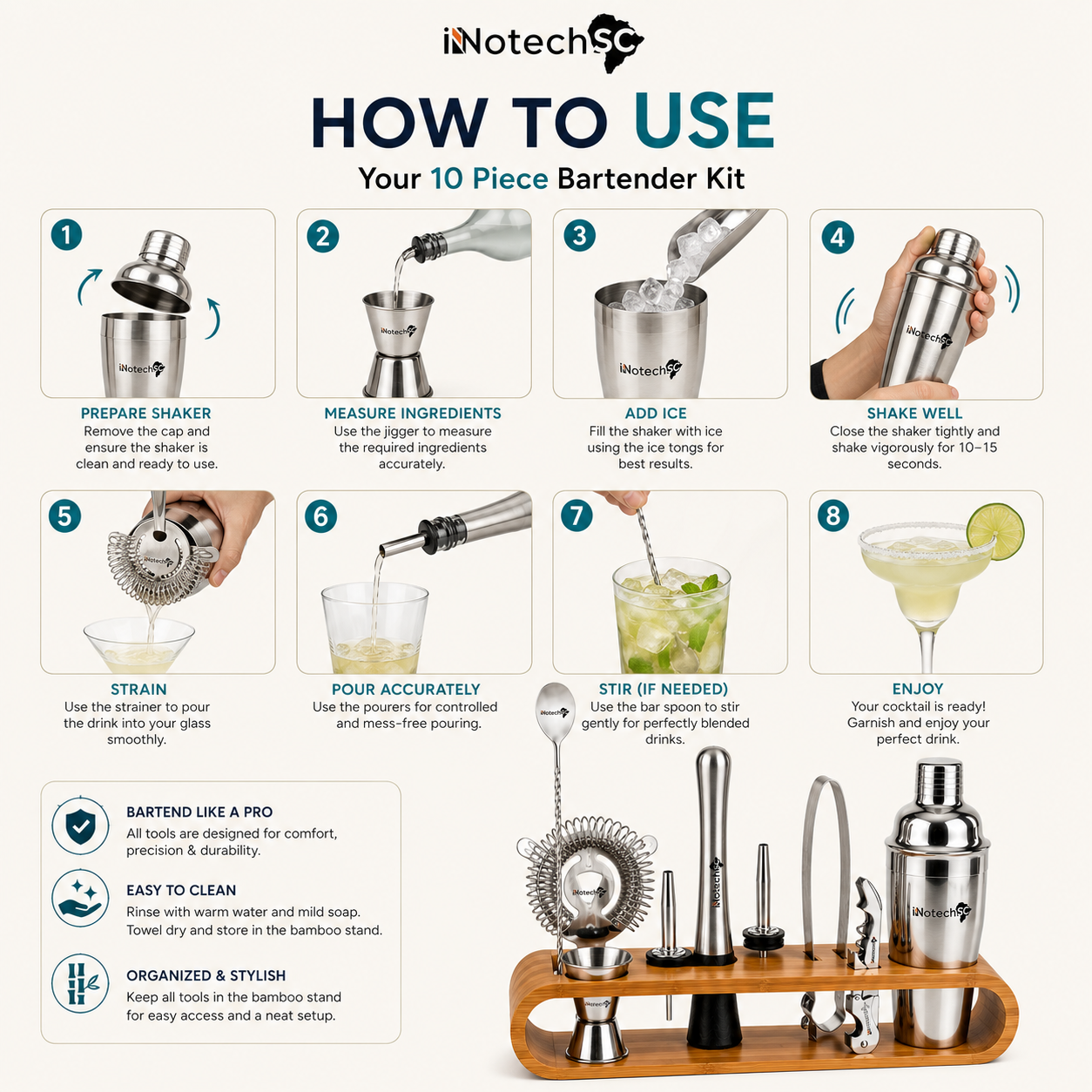 INNOTECH SC 10-Piece Bartender Kit with Bamboo Stand – Stainless Steel Cocktail Shaker Set with Recipe Book & Gift Box, Leak-Proof Bar Tools Set for Home Bar, Mixology Kit Gift for Men & Women - Image 9