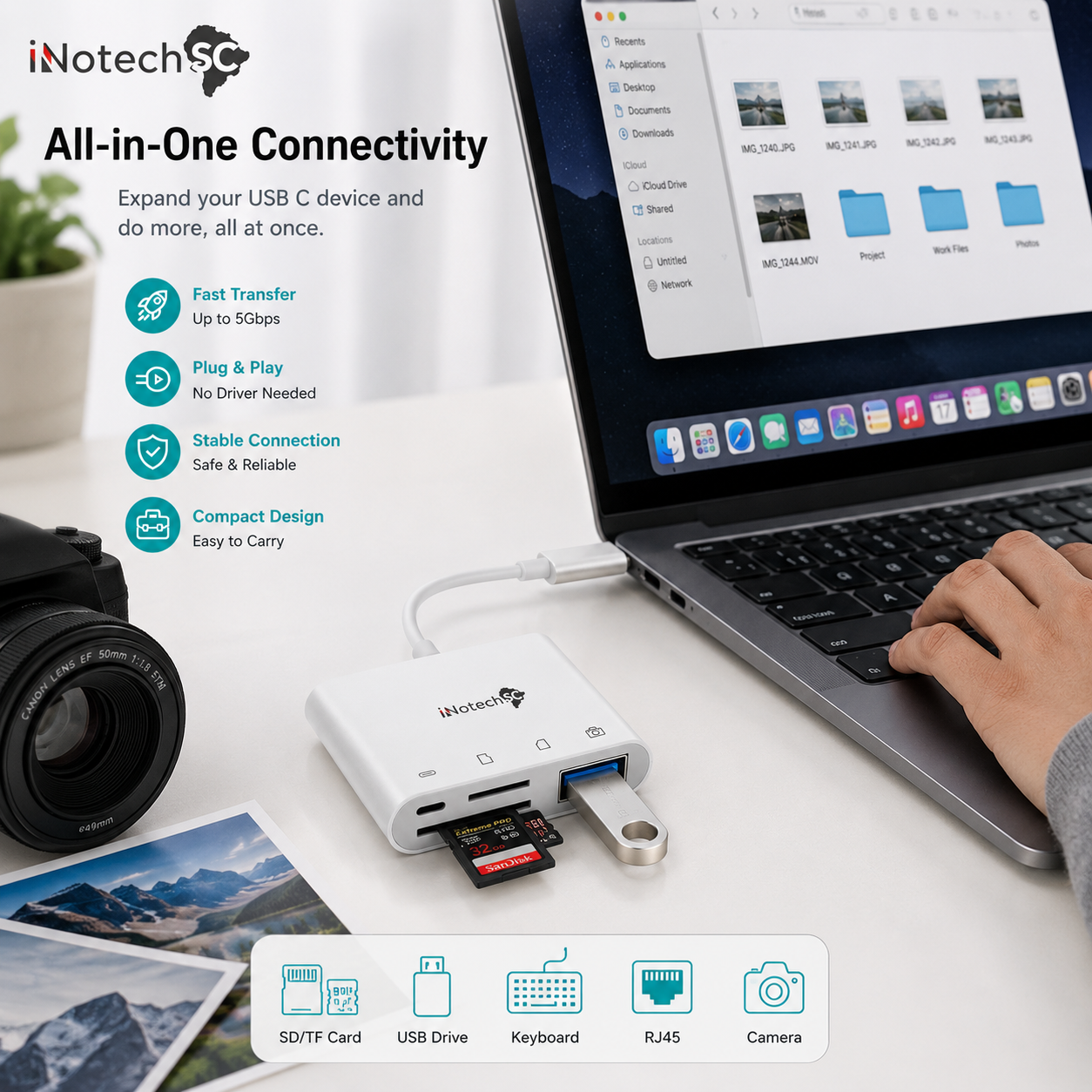 Innotech USB C SD Card Reader, 4 in 1 USB-C to Camera Memory Card Adapter with Charging Port, USB 3.0 Female OTG Adapter for I phone15 / iPad Pro MacBook/Air Galaxy and USB C Devices, Plug & Play - Image 5