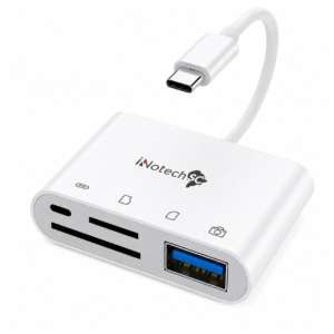 Innotech USB C SD Card Reader, 4 in 1 USB-C to Camera Memory Card Adapter with Charging Port, USB 3.0 Female OTG Adapter for I phone15 / iPad Pro MacBook/Air Galaxy and USB C Devices, Plug & Play