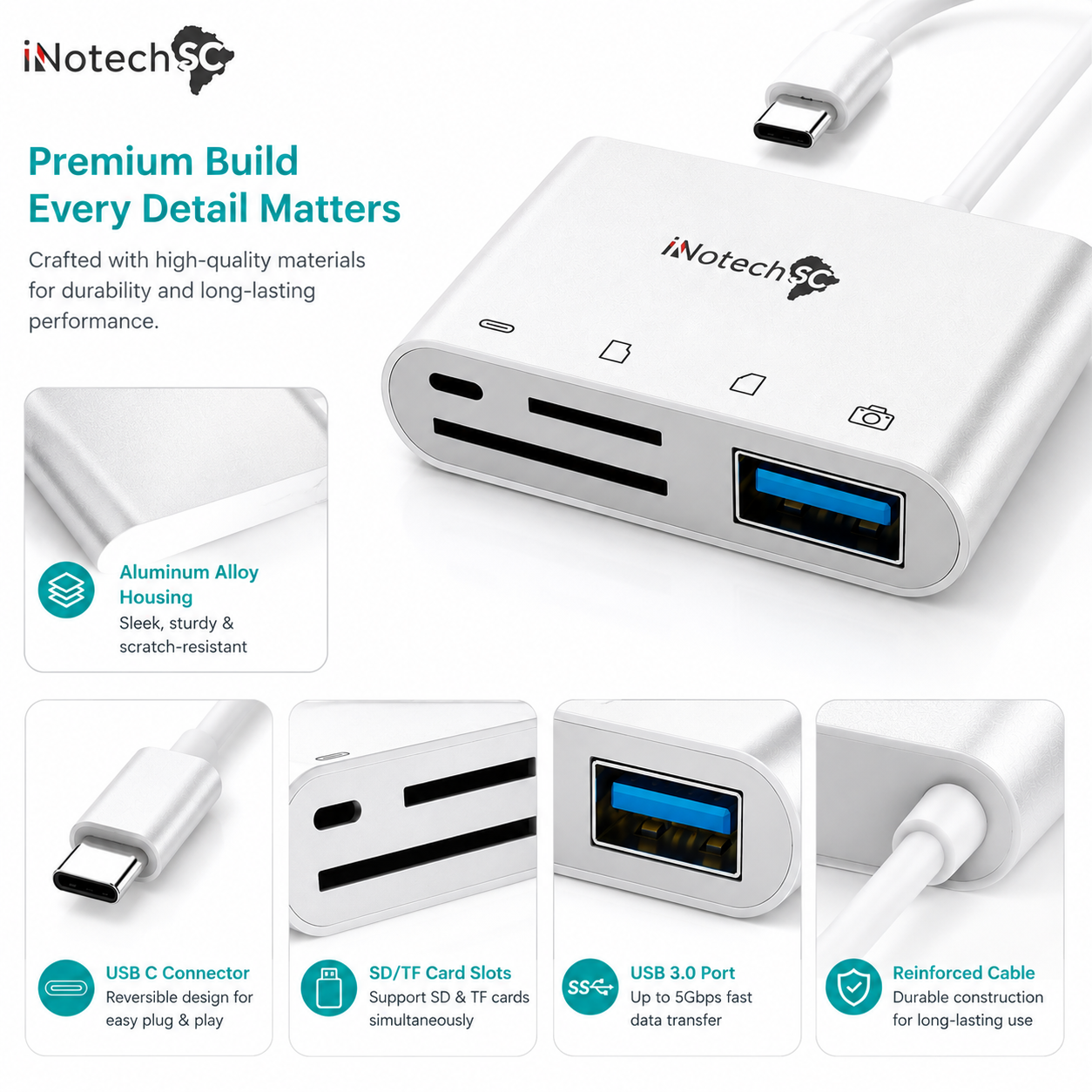 Innotech USB C SD Card Reader, 4 in 1 USB-C to Camera Memory Card Adapter with Charging Port, USB 3.0 Female OTG Adapter for I phone15 / iPad Pro MacBook/Air Galaxy and USB C Devices, Plug & Play - Image 4