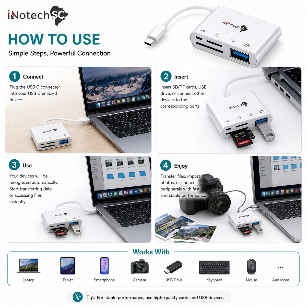 Innotech USB C SD Card Reader, 4 in 1 USB-C to Camera Memory Card Adapter with Charging Port, USB 3.0 Female OTG Adapter for I phone15 / iPad Pro MacBook/Air Galaxy and USB C Devices, Plug & Play - Image 8