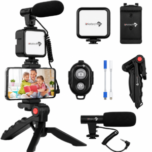 Vlogging Kit for iPhone, Android (with Tripod), with Mini LED Video Light + Cardioid Microphone + Phone Clip + Tripod for Video Calling, Vlogging, YouTube, Instagram, TikTok