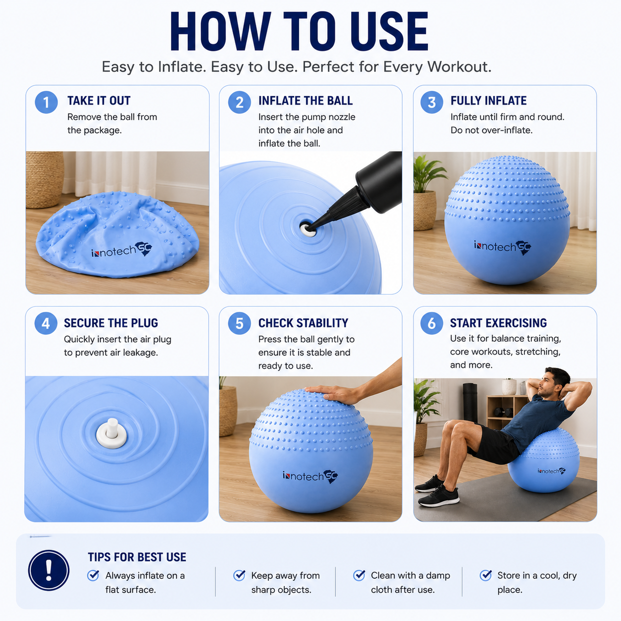 Innotech SC 65 cm (25.5 Inch) 2-in-1 Massage & Yoga Exercise Ball with Pump, Anti-Burst Stability Ball for Fitness, Pregnancy, Office Chair & Balance Training, Blue - Image 9