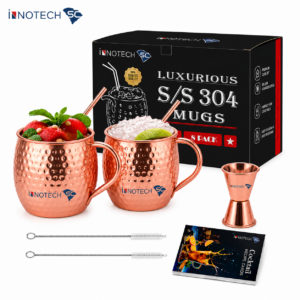 INNOTECH SC Moscow Mule Mugs Set of 2 – 16 oz Hammered Copper-Plated Stainless Steel Cups (Rose Gold) with Straws, Brushes, Jigger & Recipe Card – 8 Pc Cocktail Set